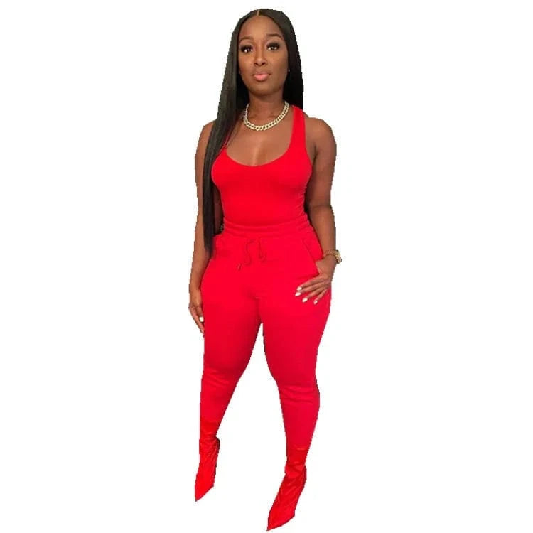 S / Red Womens 2 Piece Terry Jogger Set Tank Top Two Piece Sweat Pants Summer Cotton Jogger Sets Women Plain