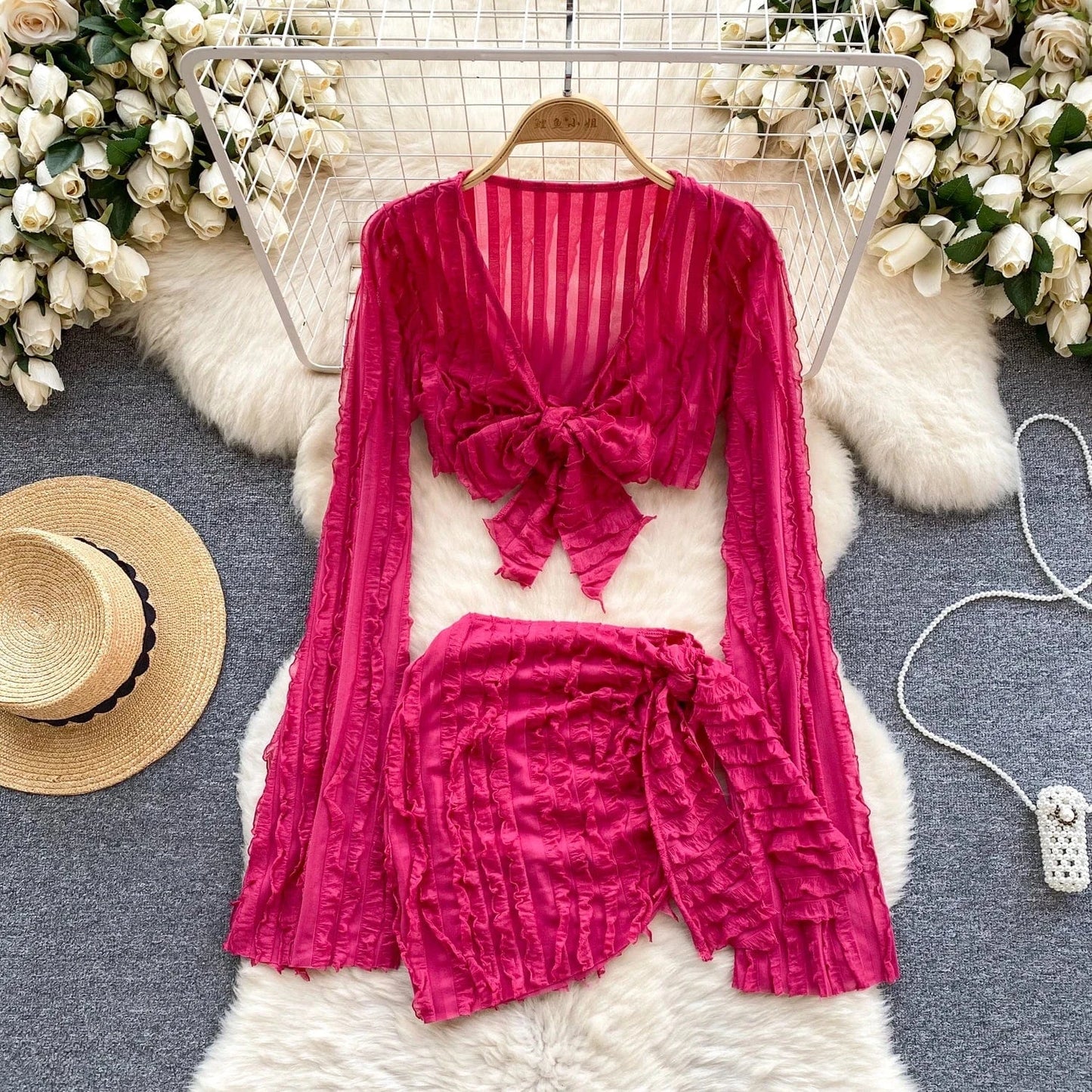 S / Rose Madder 2024 Hot Selling Beach Cover Ups 2 Piece Outfits Summer Sexy Dresses Two Piece Skirt Set Women