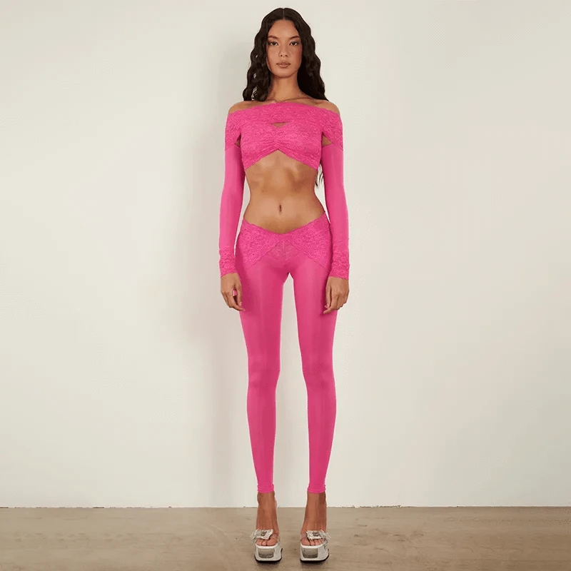 S / rose red Bomblook K23ST595 2024 Spring Lace Off Shoulder Sexy 2 Piece Set Women Women Patchwork Pants Set Loungewear Set