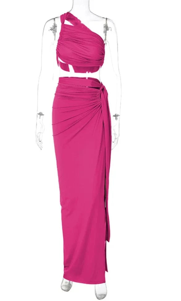 S / Rose red Liu Ming Autumn Fashion 2024 Trending Women Sexy Sleeveless Backless One Shoulder Hollow Out Side Slit Y2K Maxi Skirt Set