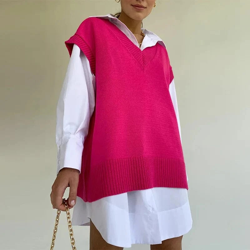 S / Rose Red Wholesale 2024 Autumn Fashion Women Sweaters Vest Oversized Knitted Vest Casual Wear Sleeveless Crop Tops Knit Sweaters