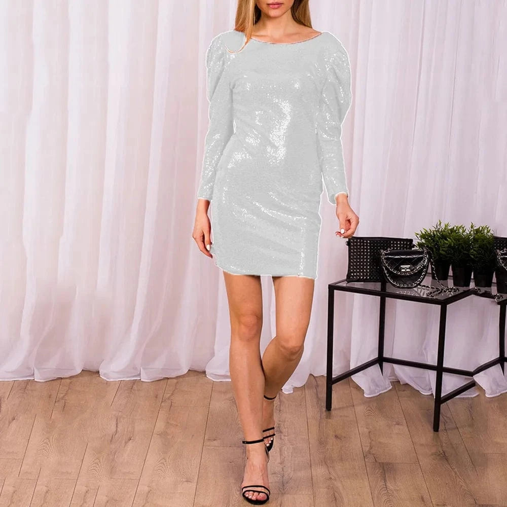 S / silver 2024 Summer Women's Clothing Sexy Fashion Multi-Color Sparkly Sequins Dress Hip Nightclub Dress O-Neck Glitter Long Sleeve Robe