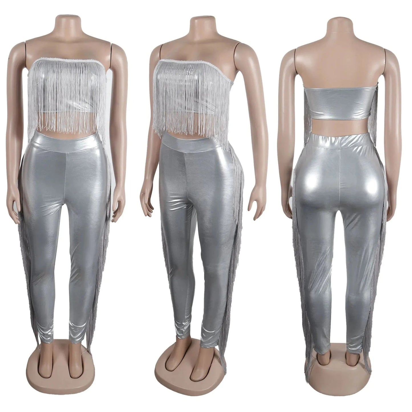 S / silver A7347 2024 New Tassels Patchwork Stretchy Leather 2 Piece Set Women Sexy Wrap Chest Tank Tops And Tight Pants Matching Set
