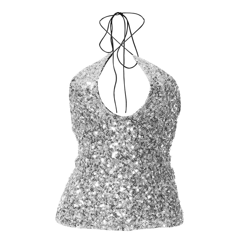 S / silver Bomblook Y23TP508 Fall Sequins Tank Top Clothes For Women Shiny Cami Tops Sexy Halter Women Seamless Tank Top