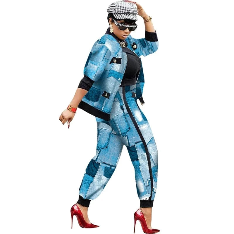 S / Sky Blue denim women luxury tweed fabric plaid 2 piece plaid blazer jacket coat and long pants set two piece women fall 2024 clothes for women