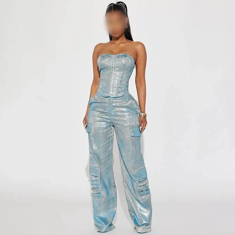 S / Sky Blue KJ08651 Glossy 2 Piece Jeans Set Sexy Strapless Tube Top Denim Straight Leg Pants Set Patchwork Casual High Street Outfit