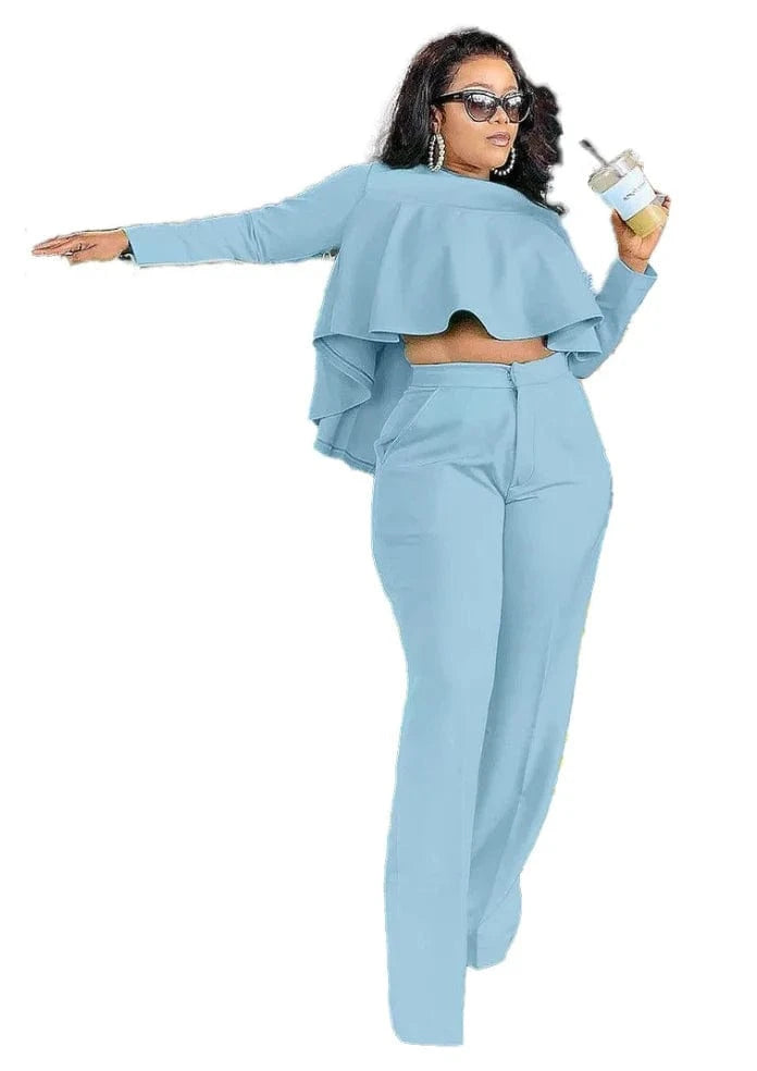 S / Sky Blue Liu Ming Popular Women Casual Custom Printed Long Sleeve O Neck Two Piece Tops Wide Leg Long Pants Set