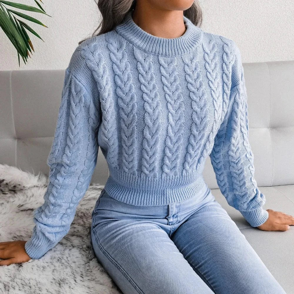 S / Sky Blue Women Twist Knitted Sweaters Autumn Winter O-Neck Long Lantern Sleeve Slim Knitwear Pullover Tops Elegance Sweet Woman Clothing