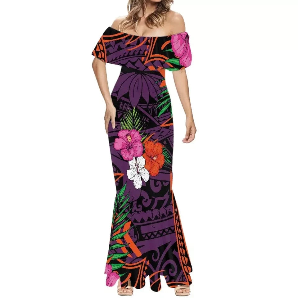 S / VBYSFG00885 Elegant Long Party Dresses and Polynesian Tribal Tapa Print Puletasi Dress Pacific Island Print Custom Long Gown Evening Dress