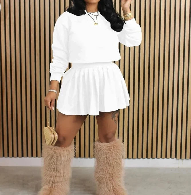 S / White 2024 casual women 2 pieces sets long sleeve hollow crop tops and pleated skirts suits streetwear tracksuits