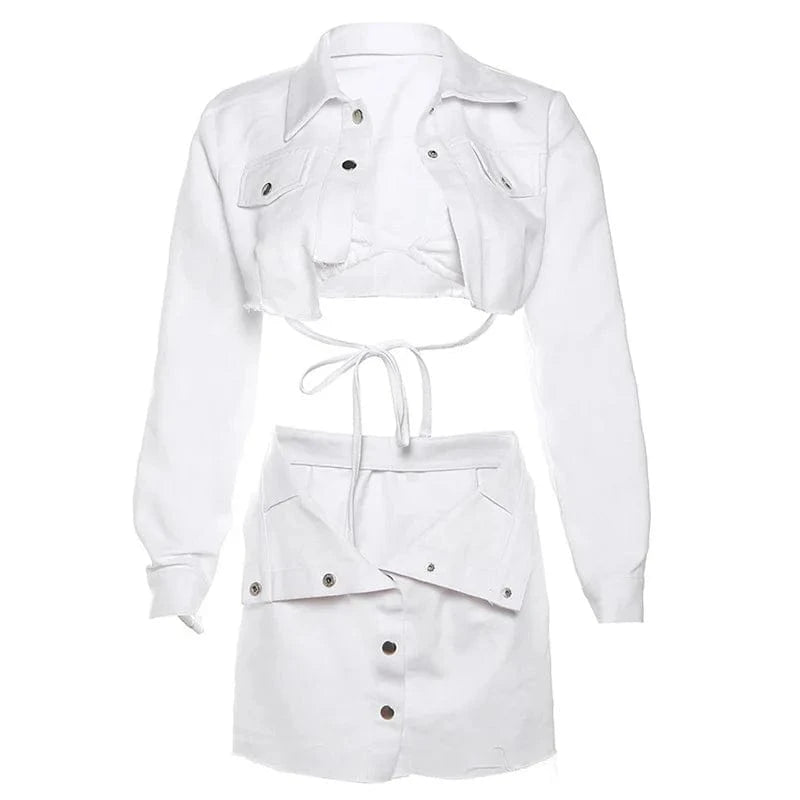 S / White 2024 New Autumn Fashion Denim 3 Piece Skirt Set Women's Denim Set With Bra Crop Jacket And Mini Skirt Set