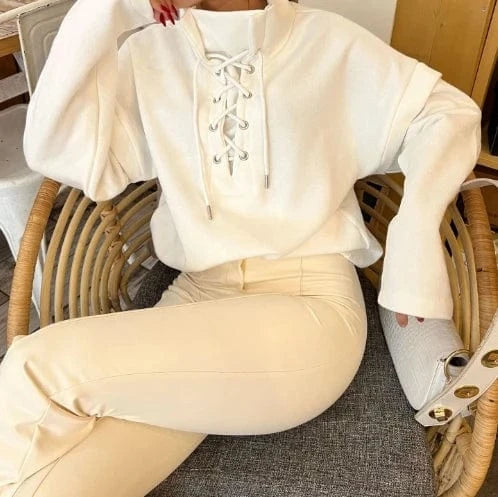 S / White 2024 New Spring Fashion Lace Up Sweatshirt Patchwork 2 In 1 Loose Tops Solid Color High Neck Pullover For Ladies