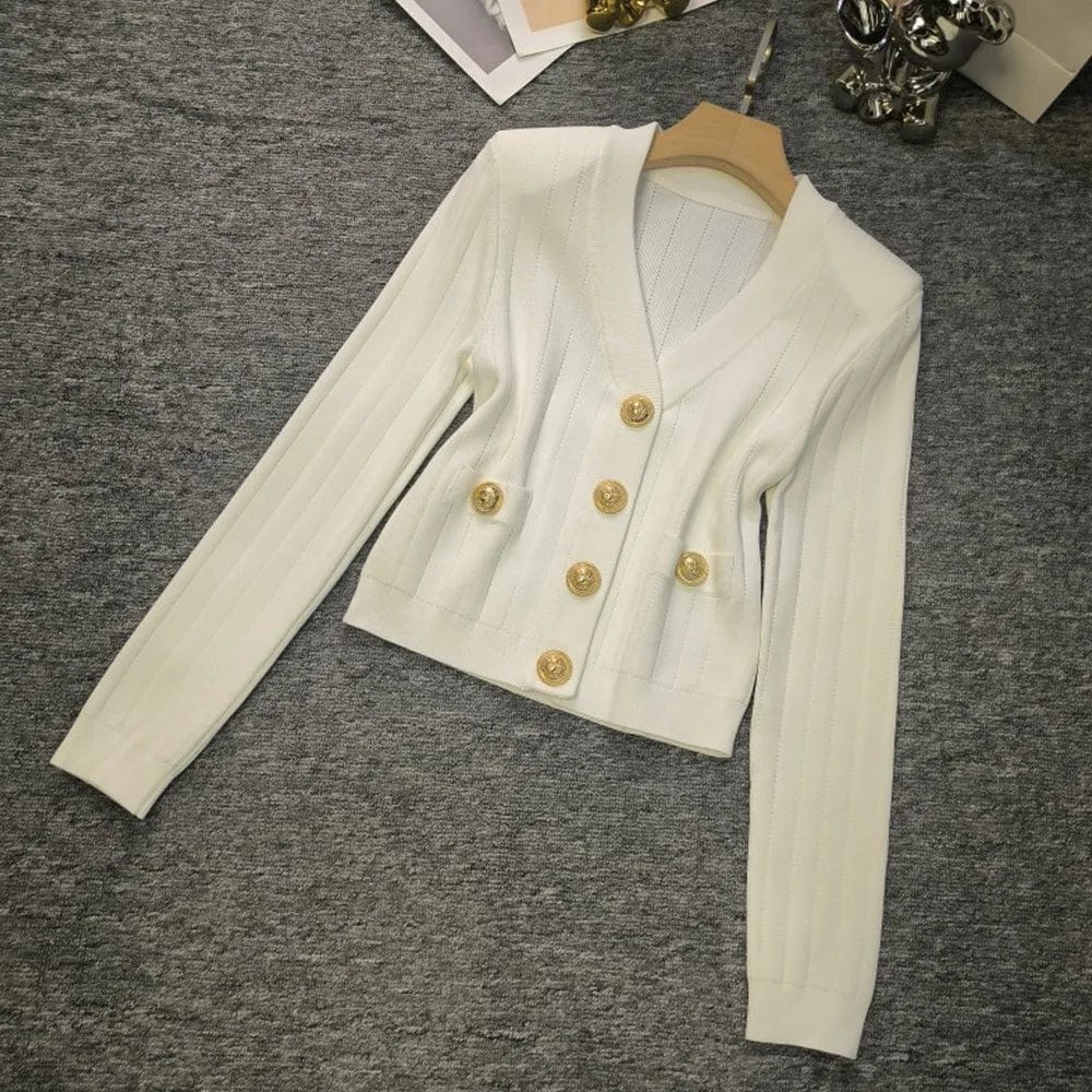 S / White 2024 Spring New Arrival V-neck High Quality Single-breaseted Long Sleeve Sweater Knitted Slim Short Crop Top