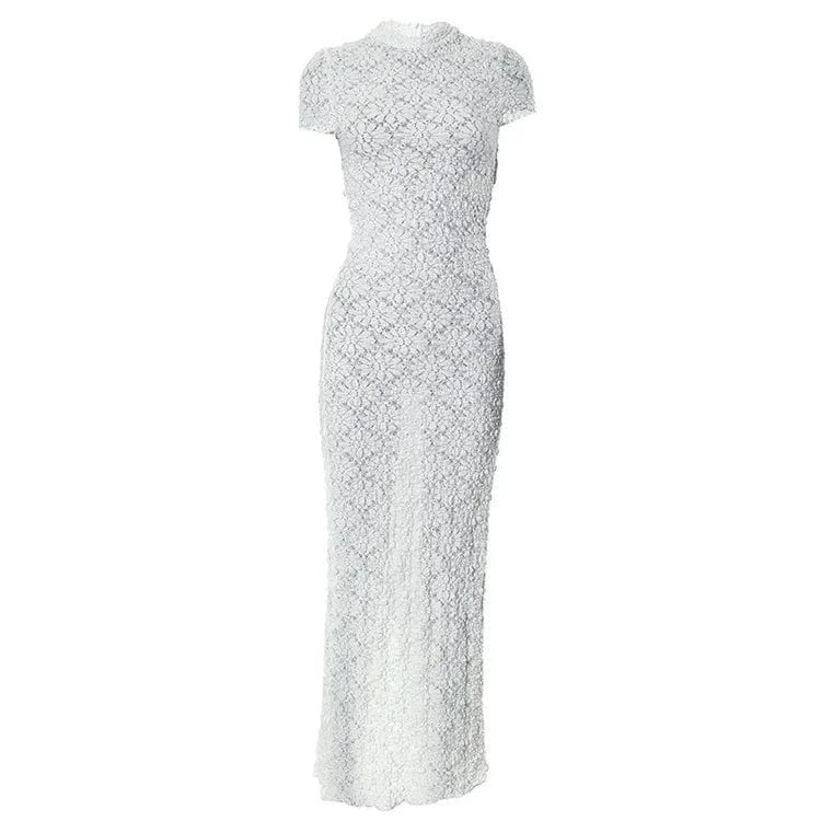 S / White 2024 White Short Sleeve O Neck Slim Lace Pleat Dress For Women Elegant Formal Prom Dress