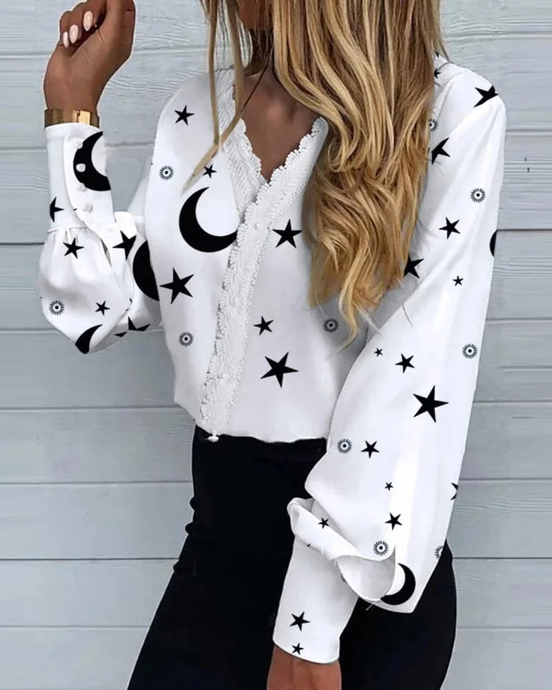 S / White 3 2024 Europe and the United States Spring and Summer New Women's Fashion Printed lace Casual Shirt