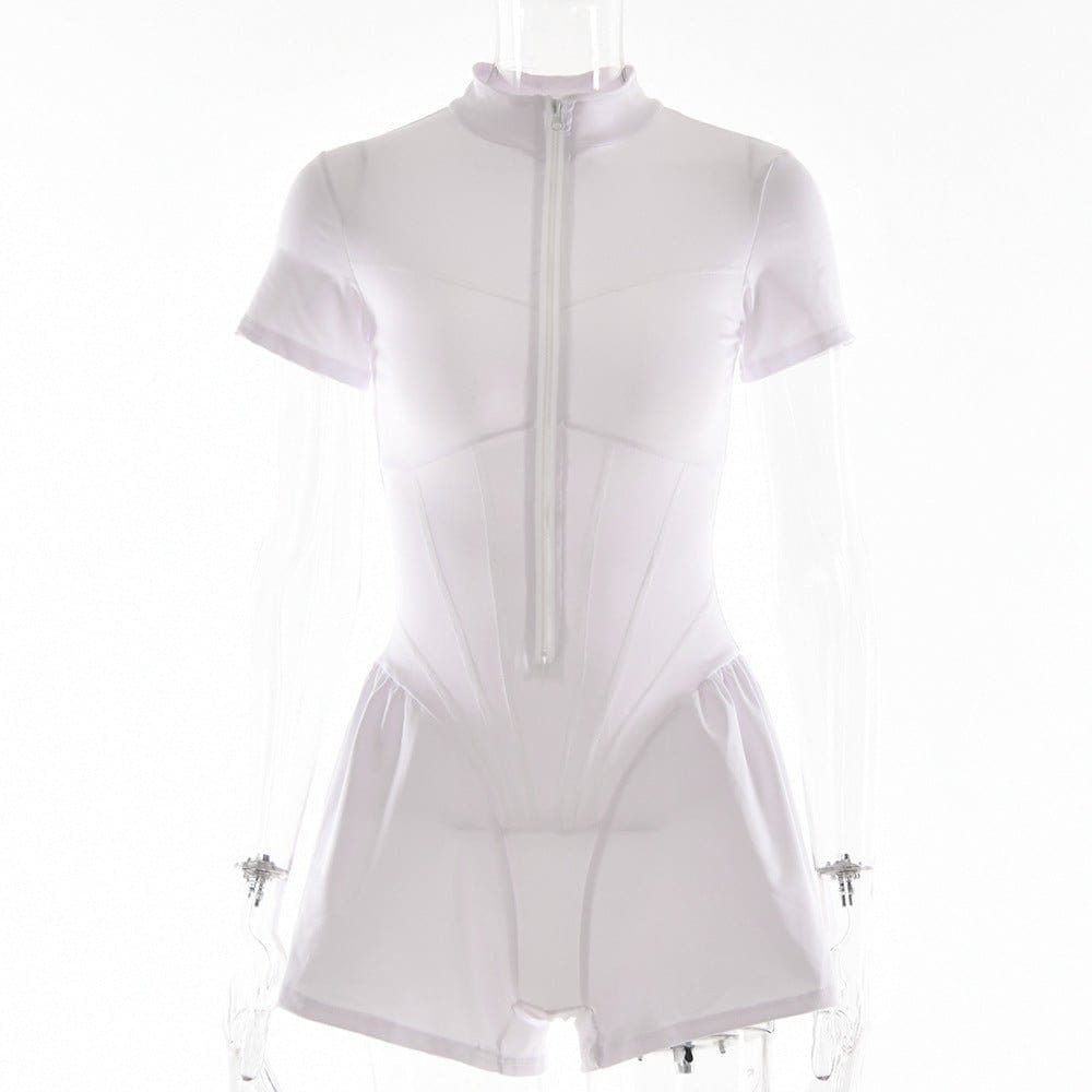 S / White 35876 Fashion Zip Romper Street Wear One Piece Jumpsuit Women