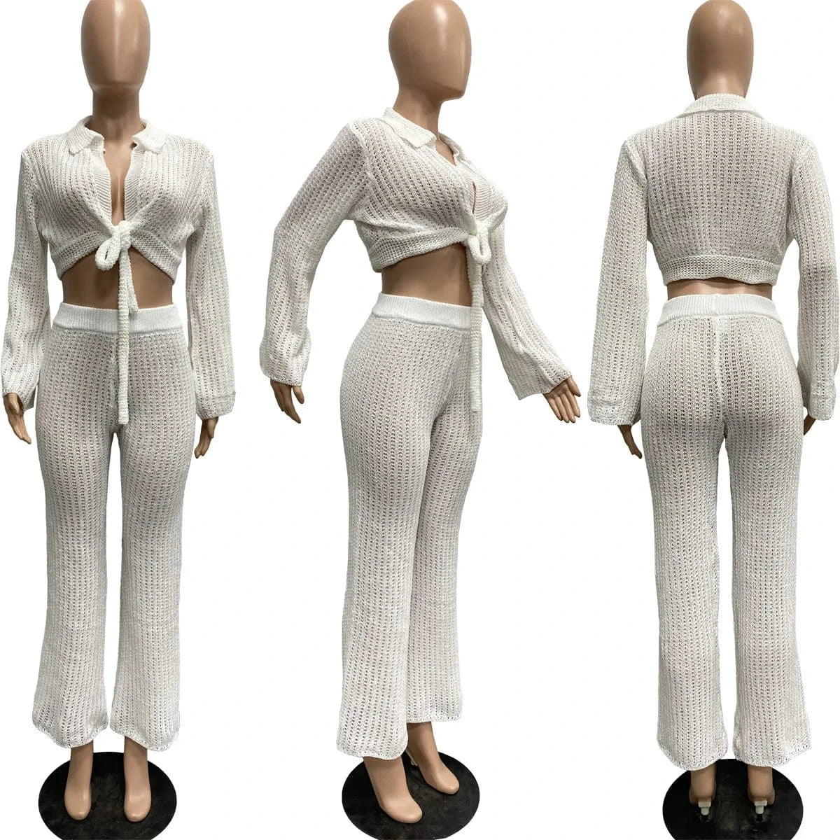 S / White Bomblook C113ST01 2024 Clothes For Women Outfits Solid Tie Up Top  With Pencil Pants Sexy Outfits Women Real Knit Two Piece Set