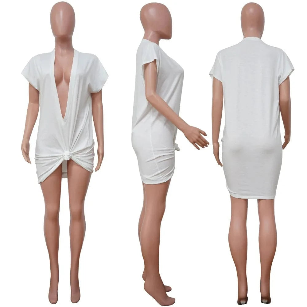 S / White Bomblook C129DS Sexy Outfits Solid Women Party Club Dresses Short Sleeve Deep V Neck Mini Knotted Elegant Dress