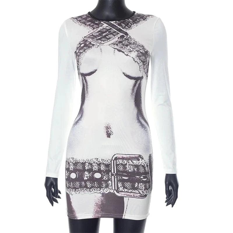 S / White Bomblook D23DS136 2024 Fall Elegant Mini Dresses Winter Outfits Bodycon Graphin Print Dresses Women