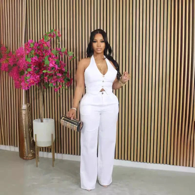 S / White Bomblook Z828ST03 Solid Color V-neck Halter Neck Suit Vest + Trousers Set Two-piece Suit