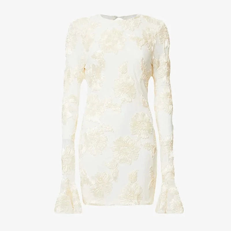 S / White CHICEVER Round Neck Flare Sleeve High Waist Patchwork Jacquard Solid A Line Lady Elegant Dresses Dress For Women