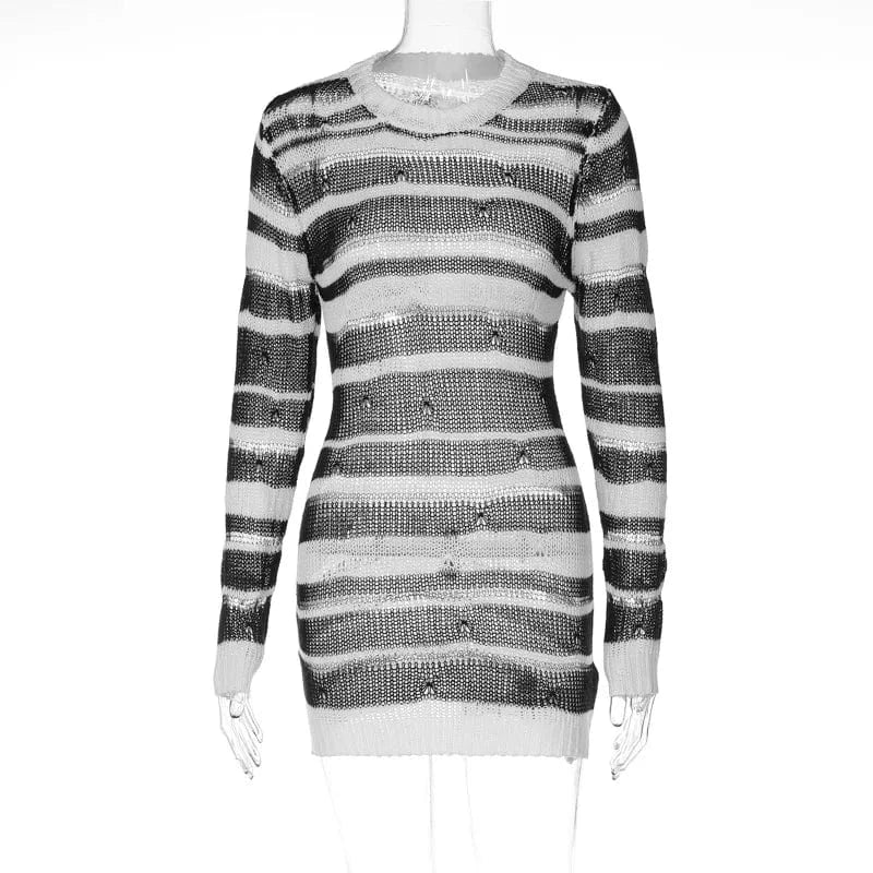 S / White D3713481w Sexy Fall Graceful Women's Knitting Dress Sweater New O-neck Long-sleeved Striped Wrap Dress For Lady Women