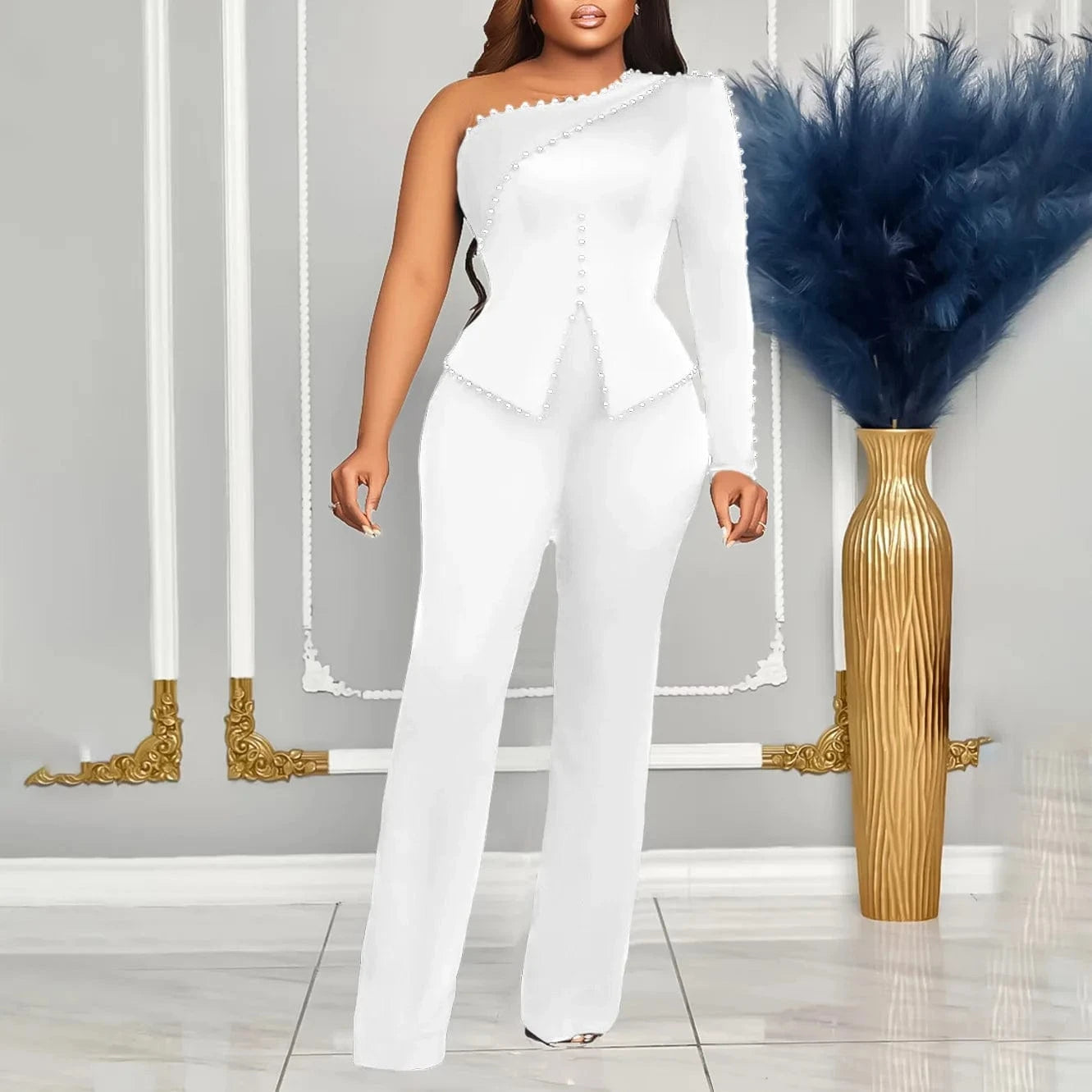 S / White D463 Latest Design Outfits For Women Elegant Diagonal Shoulder Single Long Sleeve Beaded Top And Pants Set For Women Two Pieces