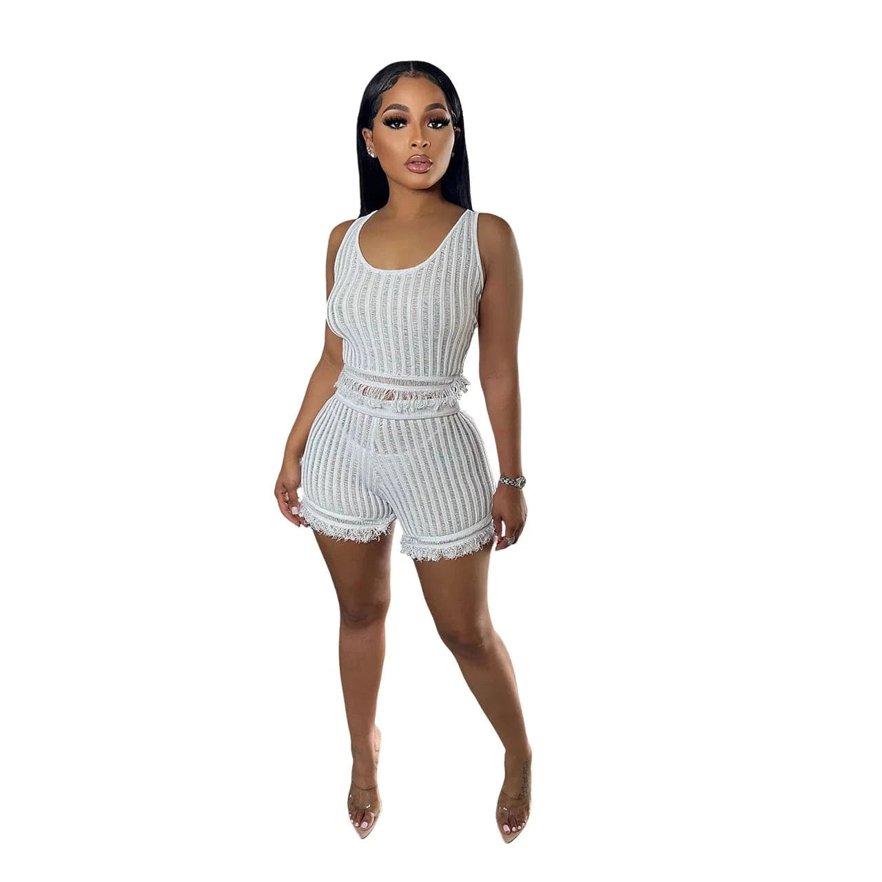 S / White Dropshipping products 2024 summer beach causal women's sets mesh tassel tank top and shorts set