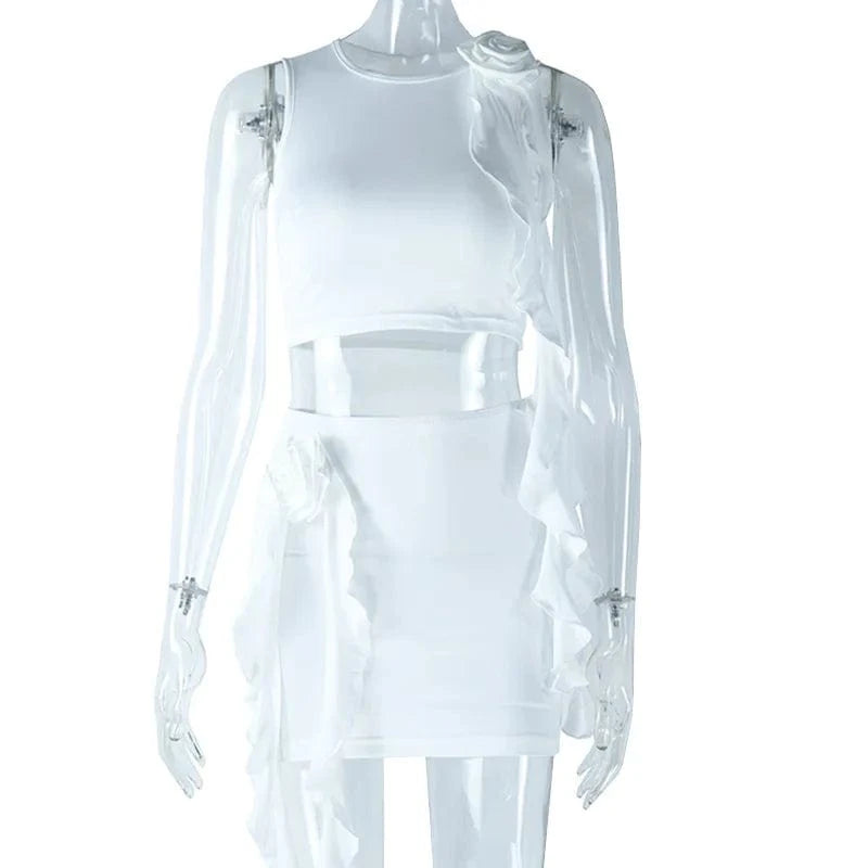 S / White Fashional Design Solid Color O Neck Women Skirt Set Two Piece Fitness Crop Tank Top And Mini Skirt Set With Flower