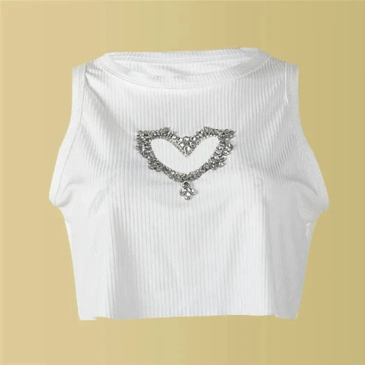 S / White Glitter Heart Patchwork Tops Tees Vintage Tanks Camis Harajuku Slim Sleeveless Streetwear Women Clothes Tee Top 2024
