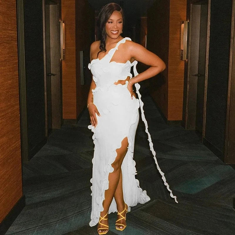 S / White GX1900 New 2024 Summer Style Sleeveless Halter Ruffle Long Dress Women Club Party Split Irregular Maxi Dresses