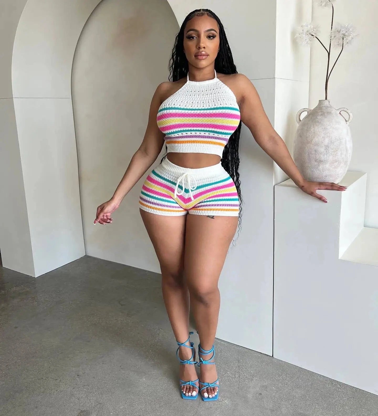 S / White Halter Top Knitted Summer Sets Women 2 Piece Sets Summer 2024 New Arrival Leisure Two Piece Knit Short and Crop Set