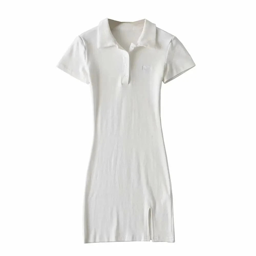 S / White Latest Designs Summer Solid  Print Stand Collar Button Bodycon High Slit  Casual Dresses Women