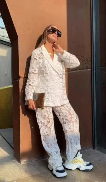 S / White Liu Ming Fall Elegant 2024 New Products Lace Sexy Club Party Style Women Suit Long Sleeve Coat Long Pants Two Piece Set