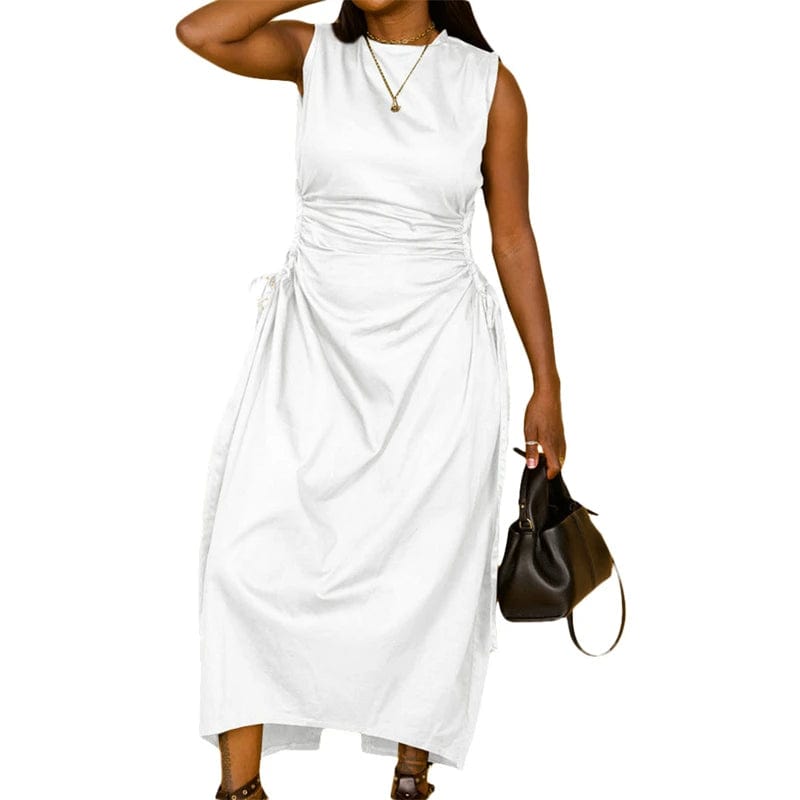 S / White luxury ladies women's elegant casual lounge office wear white drawstring side sleeveless midi summer 2024 dress with drawstring