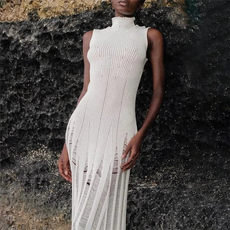 S / White Modest Women Sleeveless Solid Stand Neck Knitted Sweater Bodycon Dress Y2K Slim Style Party Night Club Wear