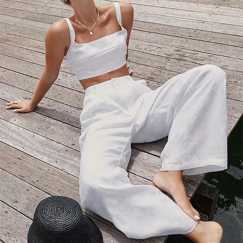 S / White New Trendy 2024 Women Summer Casual 2 Piece Set Outfits Sexy Clothes Women Tank Tops & Wide Leg Pants Two Piece Set