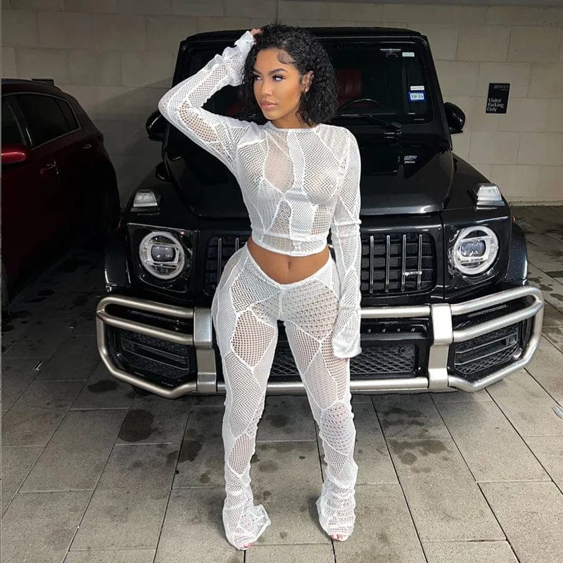 S / White Night Out Outfits Two Piece Pet Women Clothing Sexy See Through Night Wear 2 Piece Sets Women Spring Club Wear Sexy