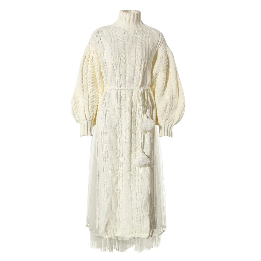 S / White OUDINA Stylish New Arrivals Two Piece Set Lantern Sleeve Mesh Skirt Casual Lady Elegant Knit Sweater Women's Dresses