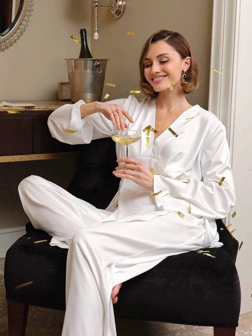 S / White Patchwork Trouser Suits Long Sleeves Satin Pajamas For Women Pajamas Set With Pants V Neck Split Sleepwear Home Suit 2024