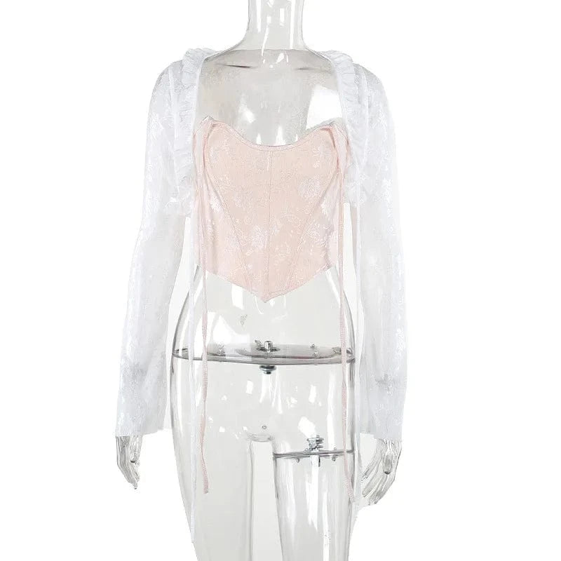 S / White / Polyester / Cotton Summer Spring 2024 Ladies Strapless Tube Top Sexy Lace Corset Tops+Long Sleeve Cardigan For Women