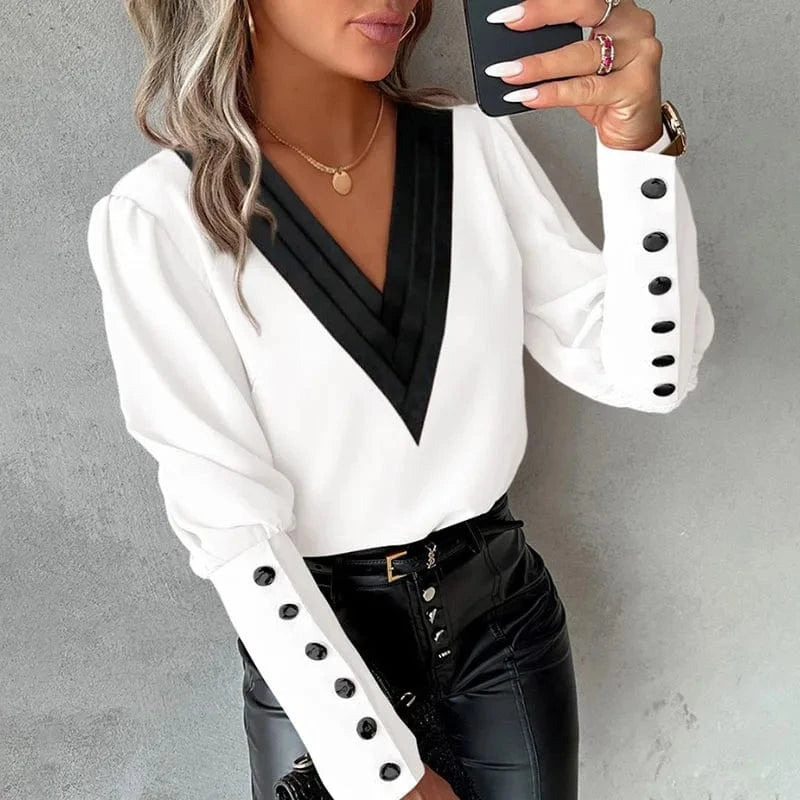 S / White RNSHANGER Fashion White Blouse for Women Spring Long Sleeve V Neck Casual Pullover Elegant Office Lady Pink Tops Shirts