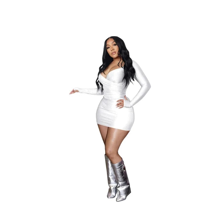 S / White spring summer 2024 women ladies knitted club wear sexy long sleeve pleated bodycon solid color deep v neck mini dress with slit