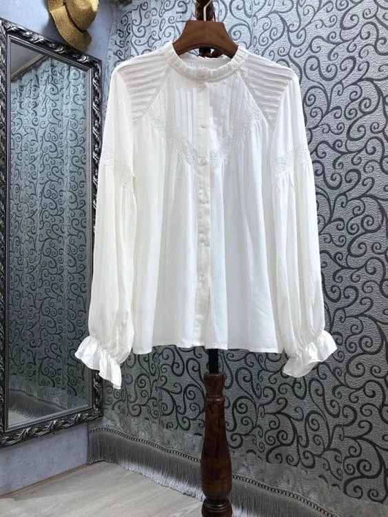 S / White Wholesale White Shirts 2024 Spring Summer  High Quality Shirt Women  Hollow Out Lace Patchwork Long Sleeve Casual Shirt Blusas