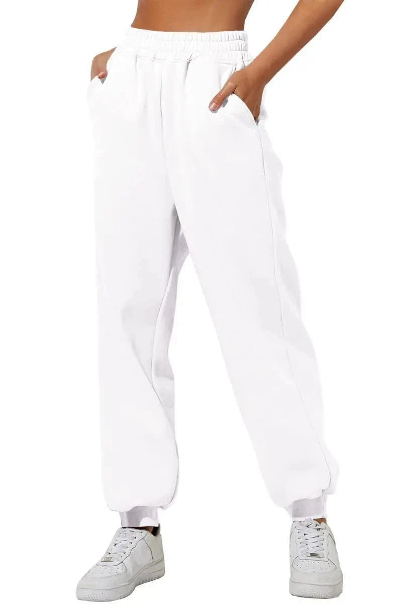 S / White Women's high waist loose sweatpants Comfortable high belt pocket jogging pants casual sweatpants