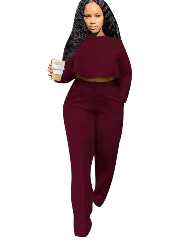 S / wine red Liu Ming Popular Women Casual Custom Printed Long Sleeve O Neck Two Piece Tops Wide Leg Long Pants Set