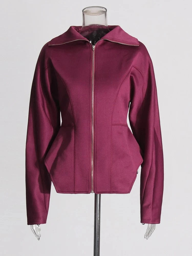 S / Wine red TWOTWINSTYLE Women's Bonded Fitted Jacket Casual Corset-Style Coats Long Puffy Sleeves Lapel Collar Street Style