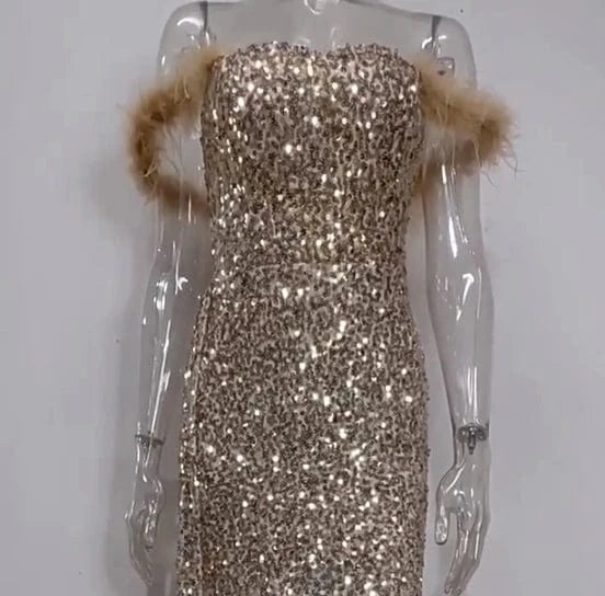 S-XL Spring New High Waist Women's Wear New V-neck sequin dress Slim fit slit floor mopping dress