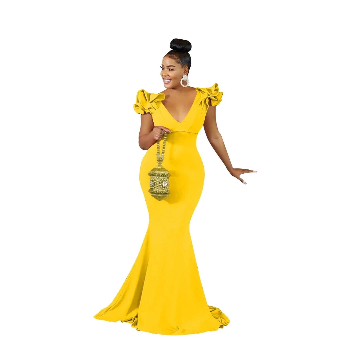 S / Yellow 2024 Europe Women Summer Solid Color V-Neck Ruffles Sleeveless Long Slim Dresses Fashion Lady Casual Dress Evening Party Dress