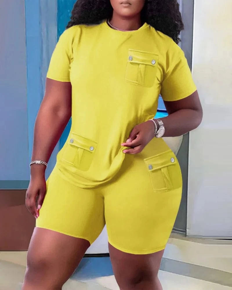 S / Yellow 2024 European and American oversized women's fashion casual home short sleeved shorts set